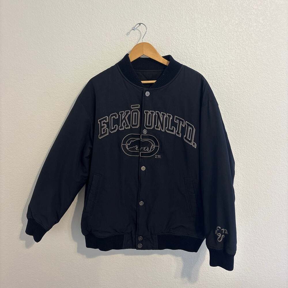 Vintage Ecko Unltd Bomber Jacket Navy Blue Rhino Spell Out Varsity Y2K
